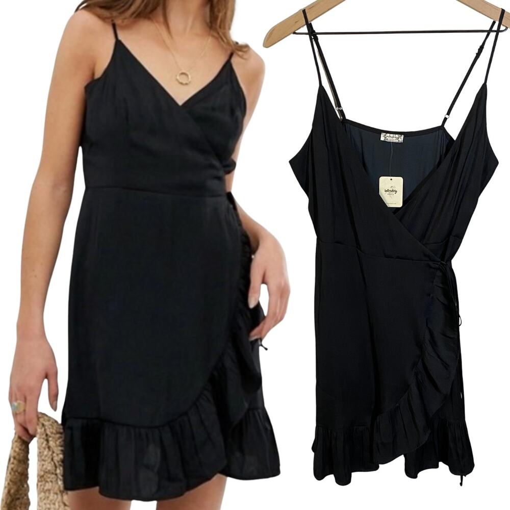 Free People NWT All My Love Black Ruffle Mini Wrap Dress Nightie Sundress Sz S